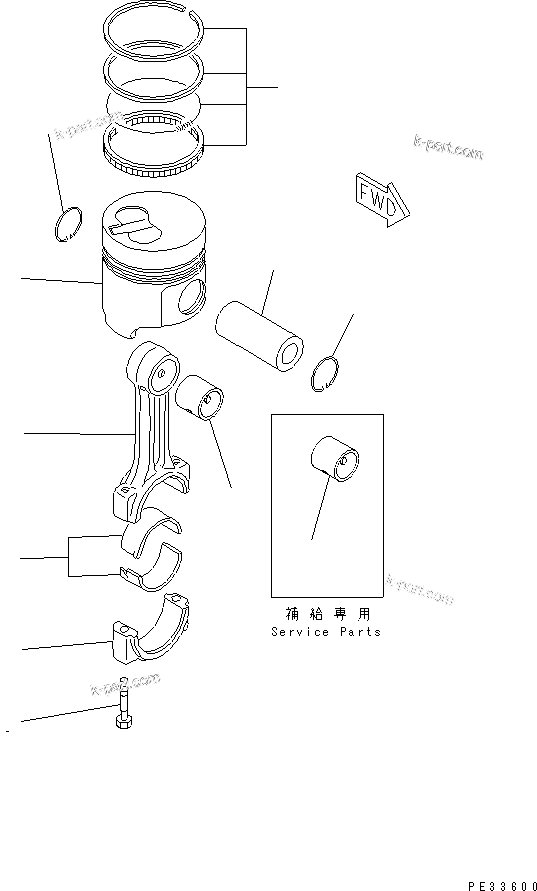 Komatsu parts book diagram for 3D74E-3A S/N 00101-UP: PISTON AND CONNECTING ROD