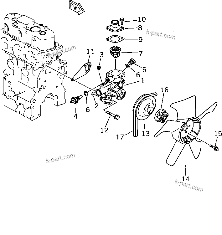 Komatsu parts book diagram for 3D74E-3A S/N 00101-UP: WATER PUMP AND COOLING FAN