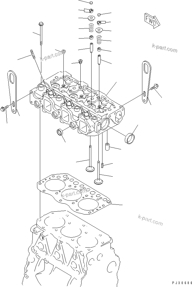 Komatsu parts book diagram for 3D75-2D S/N 03044-UP: CYLINDER HEAD