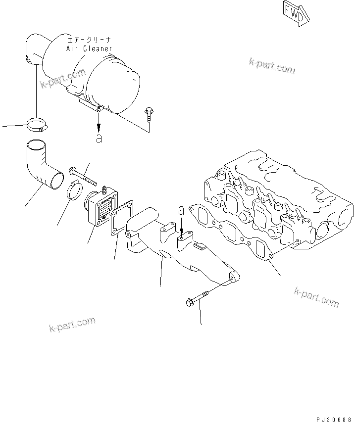 Komatsu parts book diagram for 3D75-2D S/N 03044-UP: AIR INTAKE MANIFOLD AND RIBBON HEATER