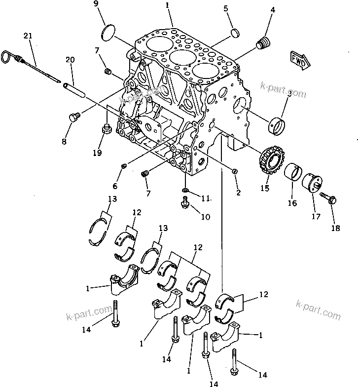 Komatsu parts book diagram for 3D75-2D S/N 03044-UP: CYLINDER BLOCK