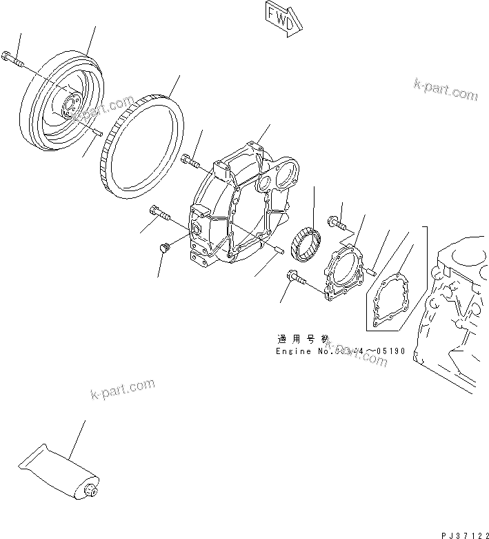 Komatsu parts book diagram for 3D75-2D S/N 03044-UP: FLYWHEEL AND FLYWHEEL HOUSING