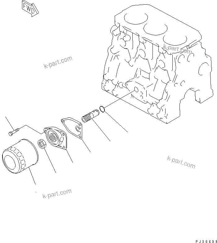 Komatsu parts book diagram for 3D75-2D S/N 03044-UP: LUBRICATING OIL FILTER