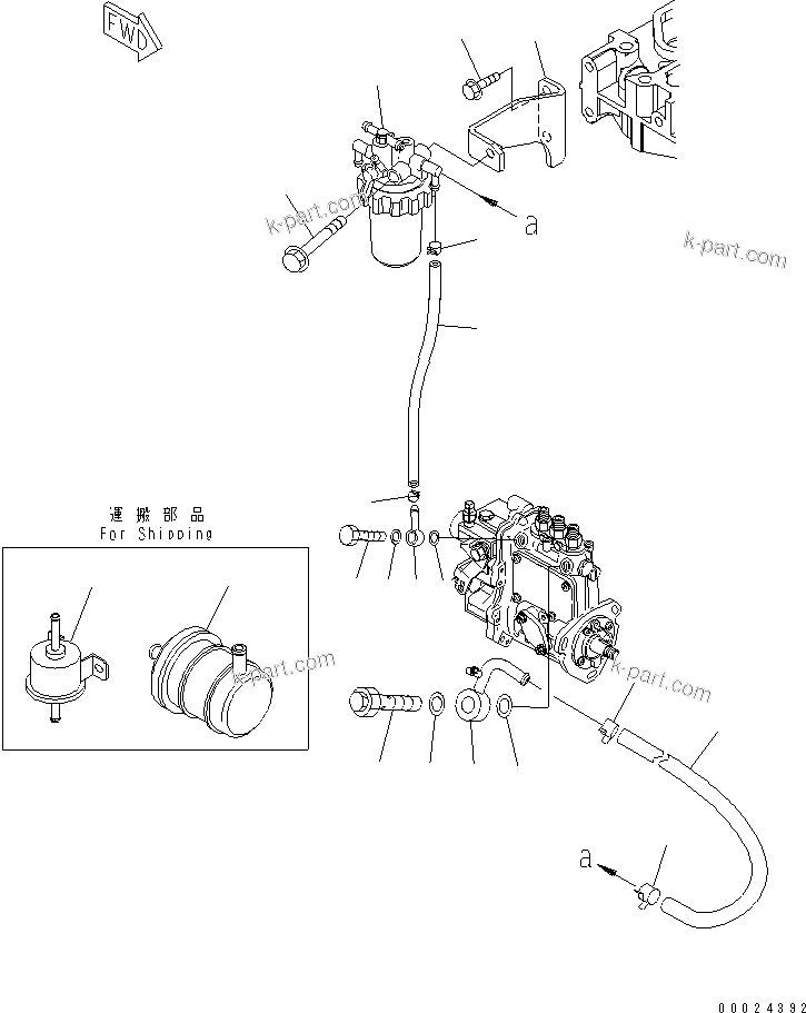 Komatsu parts book diagram for 3D76E-5N-BA S/N 00101-UP: FUEL FILTER AND PIPING