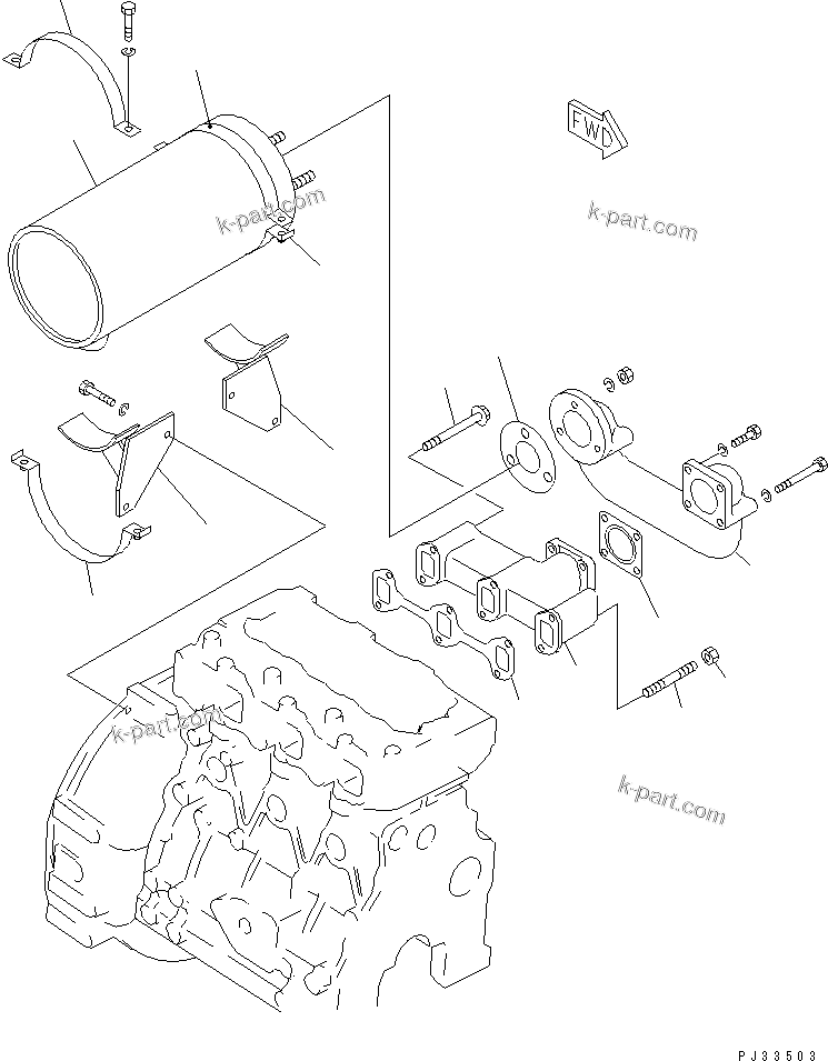 Komatsu parts book diagram for 3D78-1D S/N 01589-UP: EXHAUST MANIFOLD AND MUFFLER