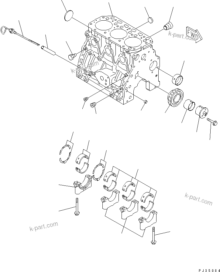 Komatsu parts book diagram for 3D78-1D S/N 01589-UP: CYLINDER BLOCK