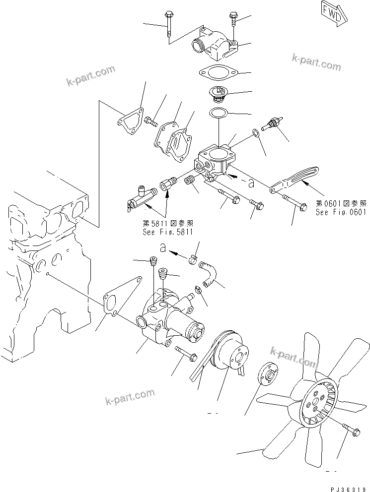 Komatsu parts book diagram for 3D78-1D S/N 01589-UP: WATER PUMP AND COOLING FAN (WITH CAR HEATER)(#01589-06462)