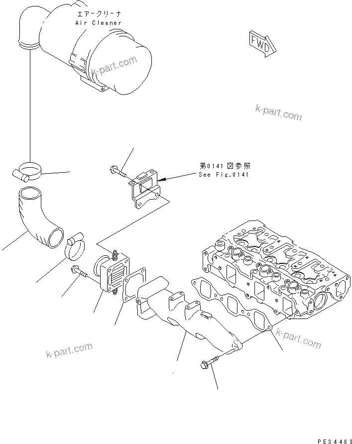 Komatsu parts book diagram for 3D78AE-3C S/N 00101-UP: AIR INTAKE MANIFOLD AND CONNECTION