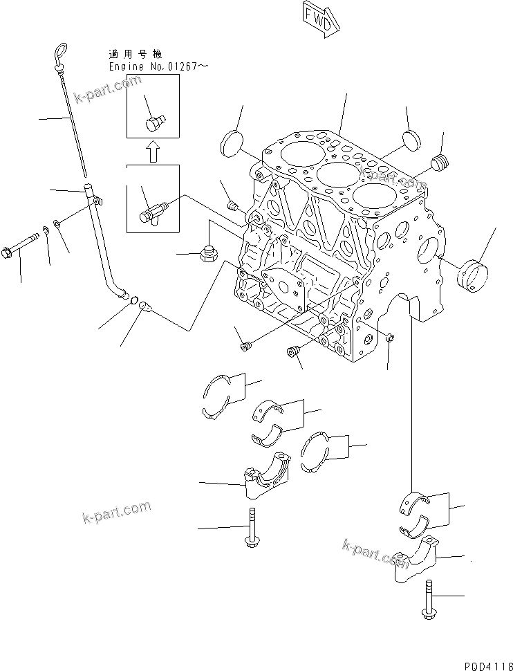 Komatsu parts book diagram for 3D78AE-3C S/N 00101-UP: CYLINDER BLOCK