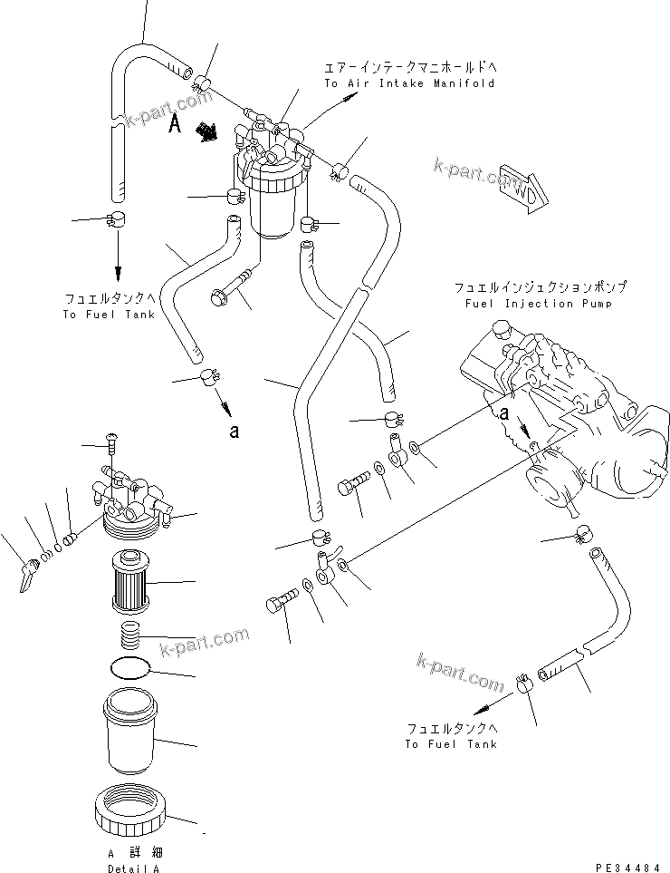 Komatsu parts book diagram for 3D78AE-3C S/N 00101-UP: FUEL FILTER AND PIPING