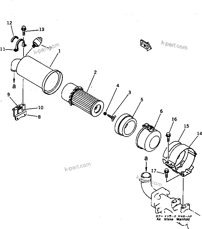 Komatsu parts book diagram for 3D78N-1A S/N 00101-UP: AIR CLEANER AND MOUNTING(#00186-)