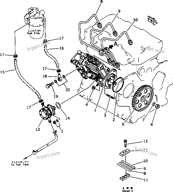 Komatsu parts book diagram for 3D78N-1A S/N 00101-UP: FUEL INJECTION PUMP AND PIPING