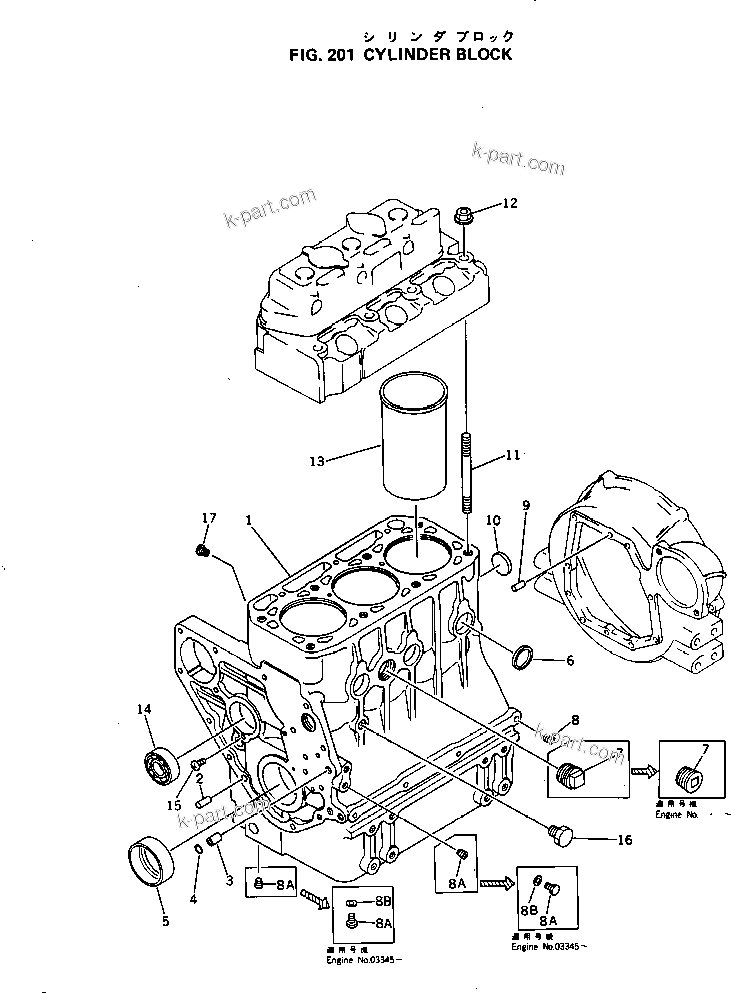 Komatsu parts book diagram for 3D84-1A S/N 01001-UP: CYLINDER BLOCK