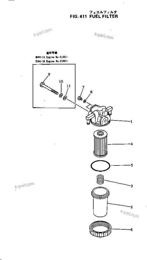 Komatsu parts book diagram for 3D84-1A S/N 01001-UP: FUEL FILTER