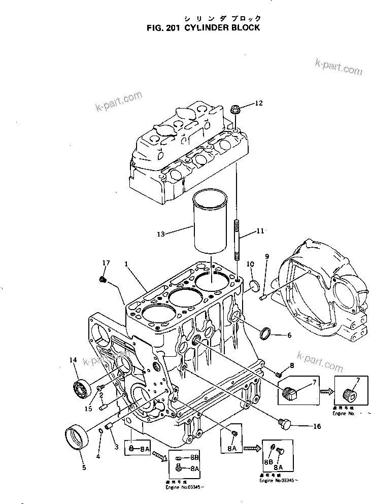 Komatsu parts book diagram for 3D84-1B S/N 01001-UP: CYLINDER BLOCK