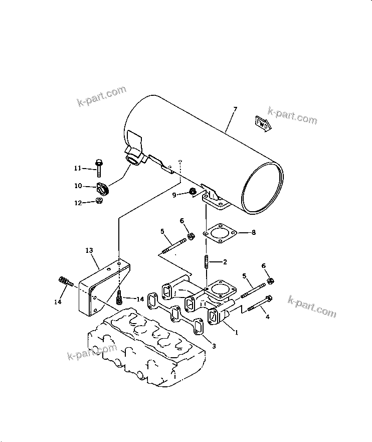 Komatsu parts book diagram for 3D84-2D S/N 00292-UP: EXHAUST MANIFOLD AND MUFFLER(#03321-)