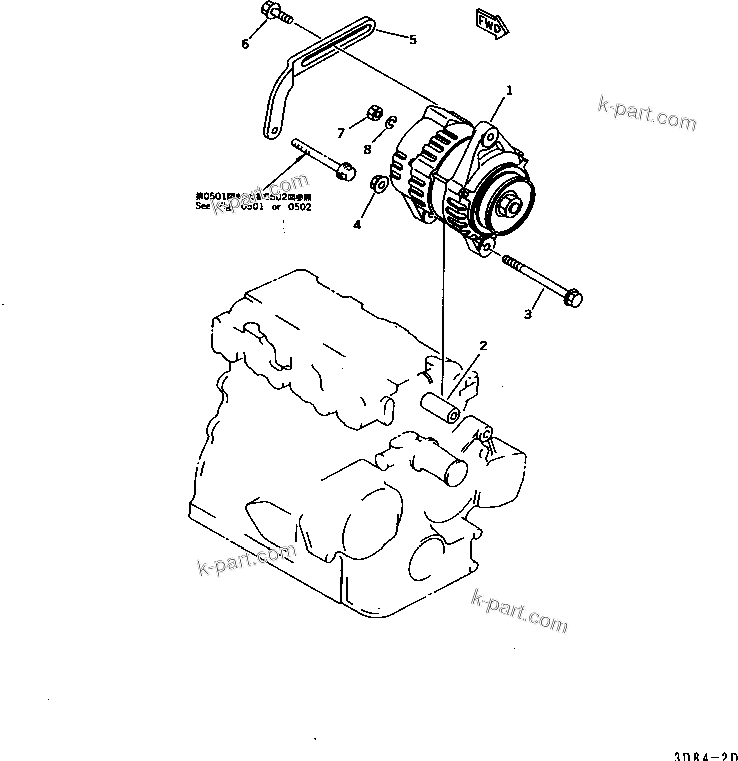 Komatsu parts book diagram for 3D84-2D S/N 00292-UP: ALTERNATOR AND MOUNTING (40A)(#03321-)