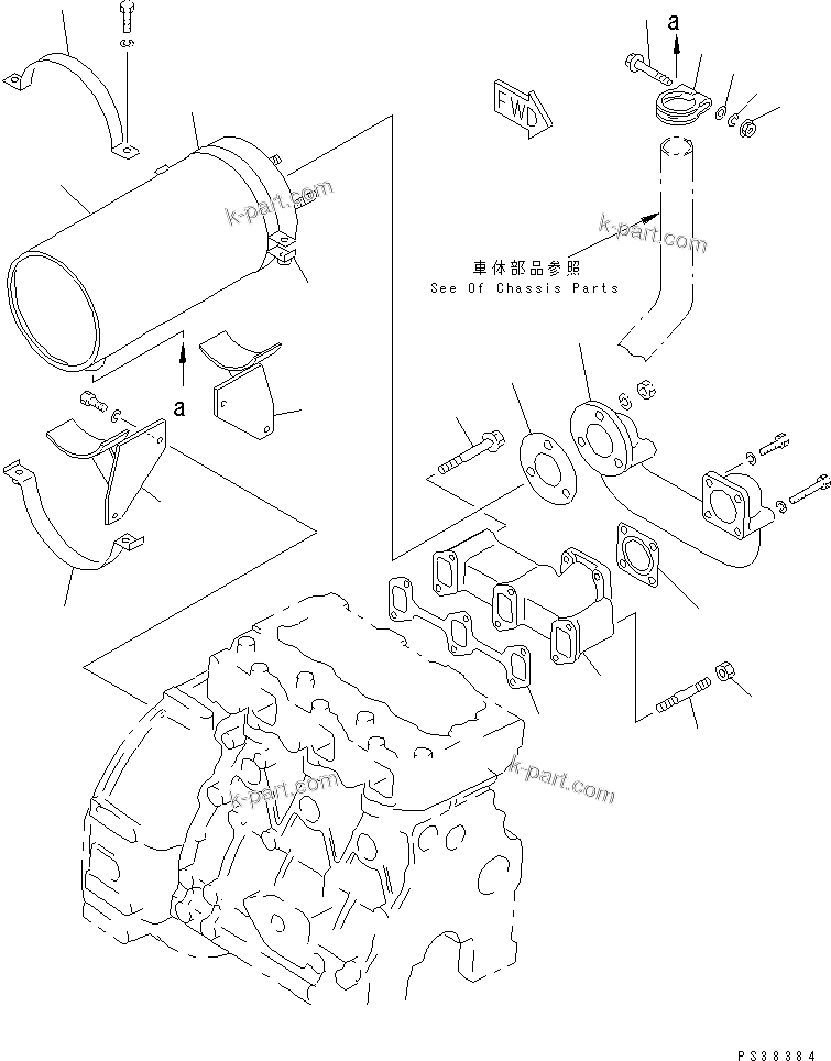 Komatsu parts book diagram for 3D84-2GA S/N 00292-UP: EXHAUST MANIFOLD AND MUFFLER(#18428-)
