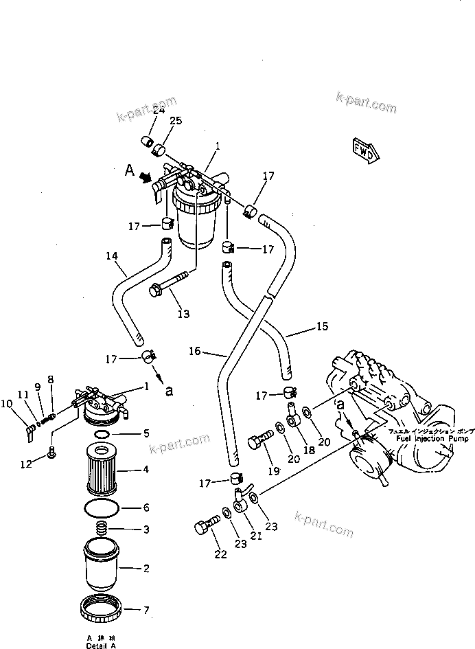 Komatsu parts book diagram for 3D84-2GA S/N 00292-UP: FUEL FILTER AND PIPING(#03321-)