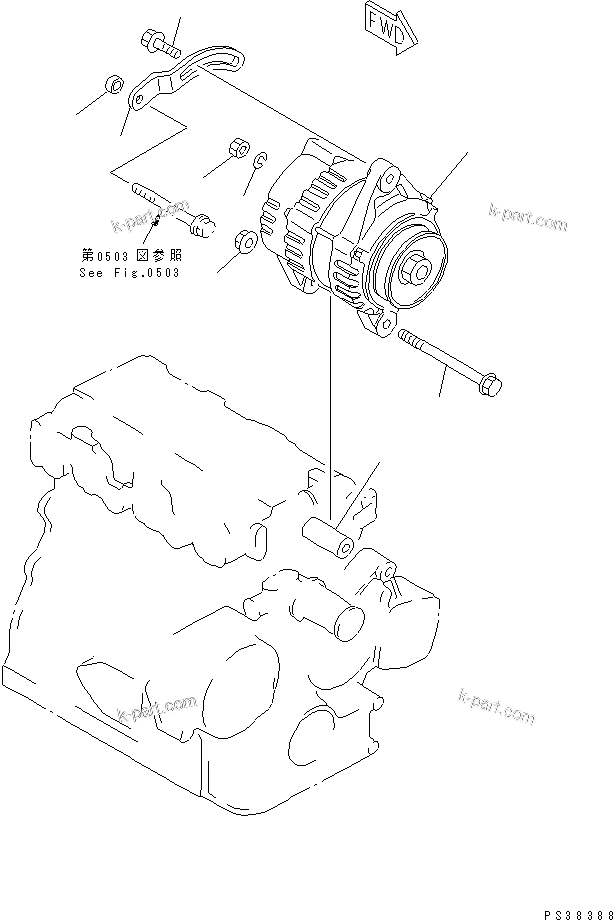 Komatsu parts book diagram for 3D84-2GA S/N 00292-UP: ALTERNATOR AND MOUNTING (40A)(#18428-)