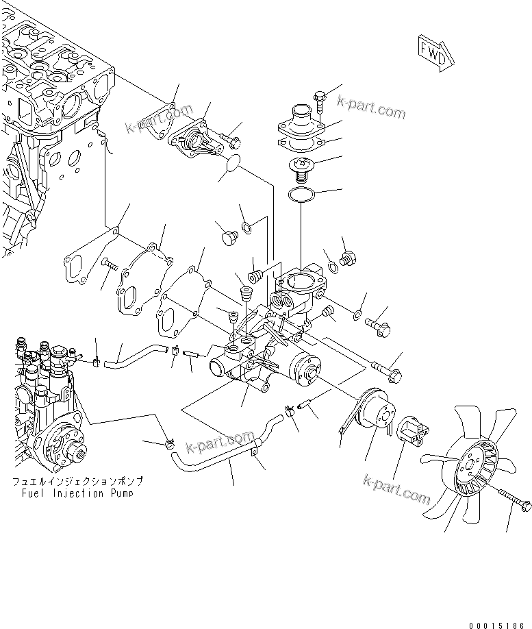 Komatsu parts book diagram for 3D84E-5X-AB S/N 00101-UP: WATER PUMP AND COOLING FAN(#01020-)