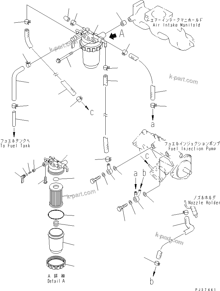 Komatsu parts book diagram for 3D84N-2AA S/N 3845-UP: FUEL FILTER AND PIPING