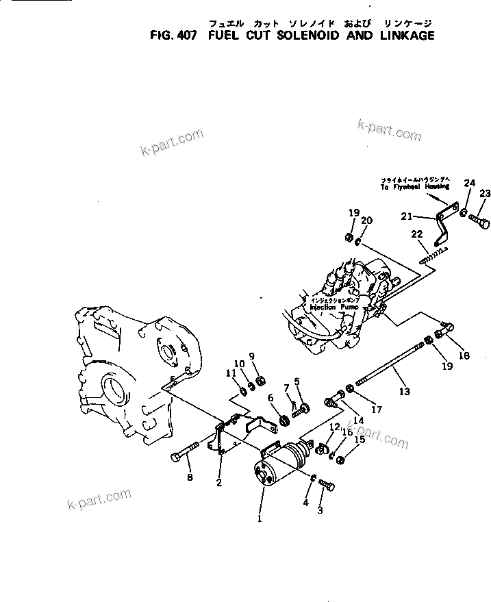 Komatsu parts book diagram for 3D94-2D S/N 11852-UP: FUEL CUT SOLENOID AND LINKAGE
