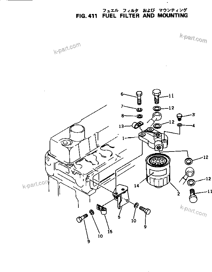 Komatsu parts book diagram for 3D94-2D S/N 11852-UP: FUEL FILTER AND MOUNTING