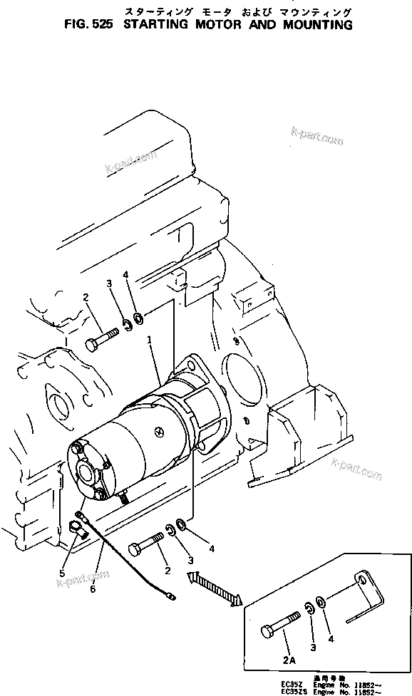 Komatsu parts book diagram for 3D94-2D S/N 11852-UP: STARTING MOTOR AND MOUNTING
