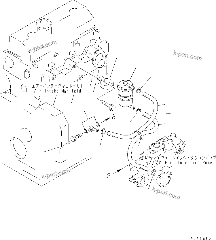 Komatsu parts book diagram for 3D95S-W-1B S/N 10001-UP: FUEL FILTER AND PIPING