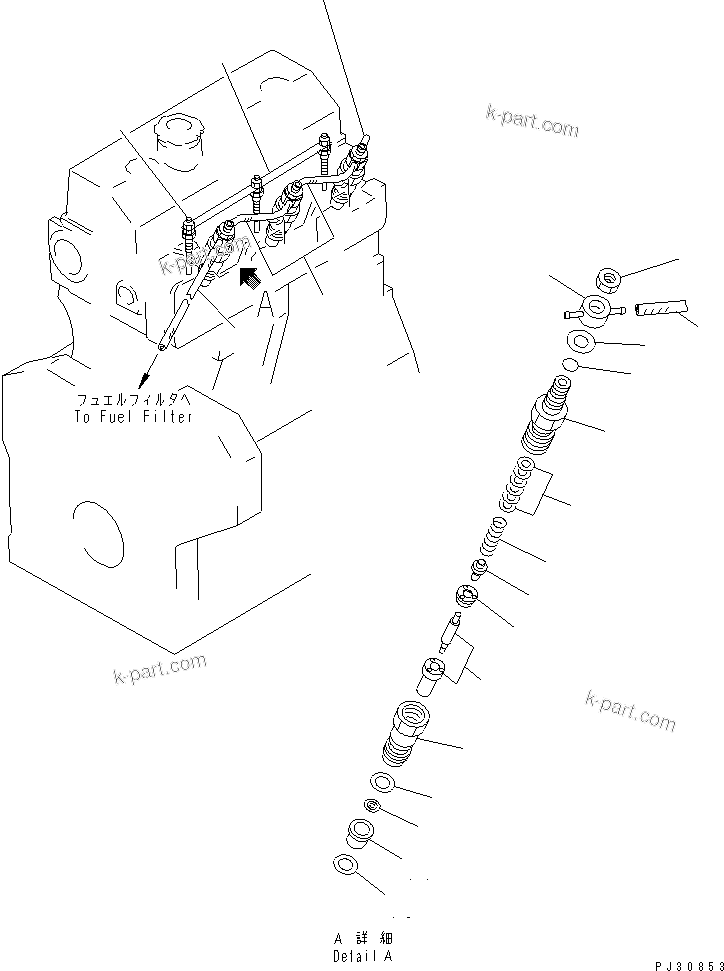 Komatsu parts book diagram for 3D95S-W-1B S/N 10001-UP: FUEL NOZZLE AND SPILL PIPE