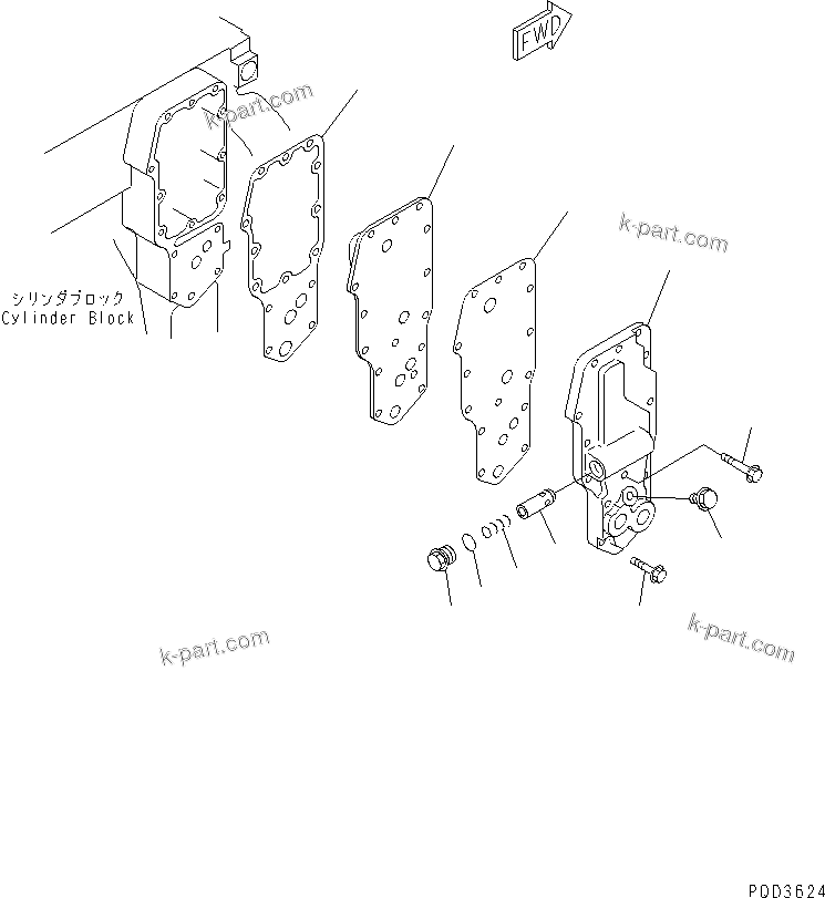 Komatsu parts book diagram for 4D102E-1C-US S/N 26200282-UP: OIL COOLER COVER