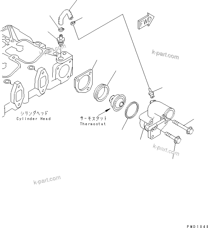 Komatsu parts book diagram for 4D102E-1A S/N 26200282-UP: THERMOSTAT HOUSING(#26200974-)