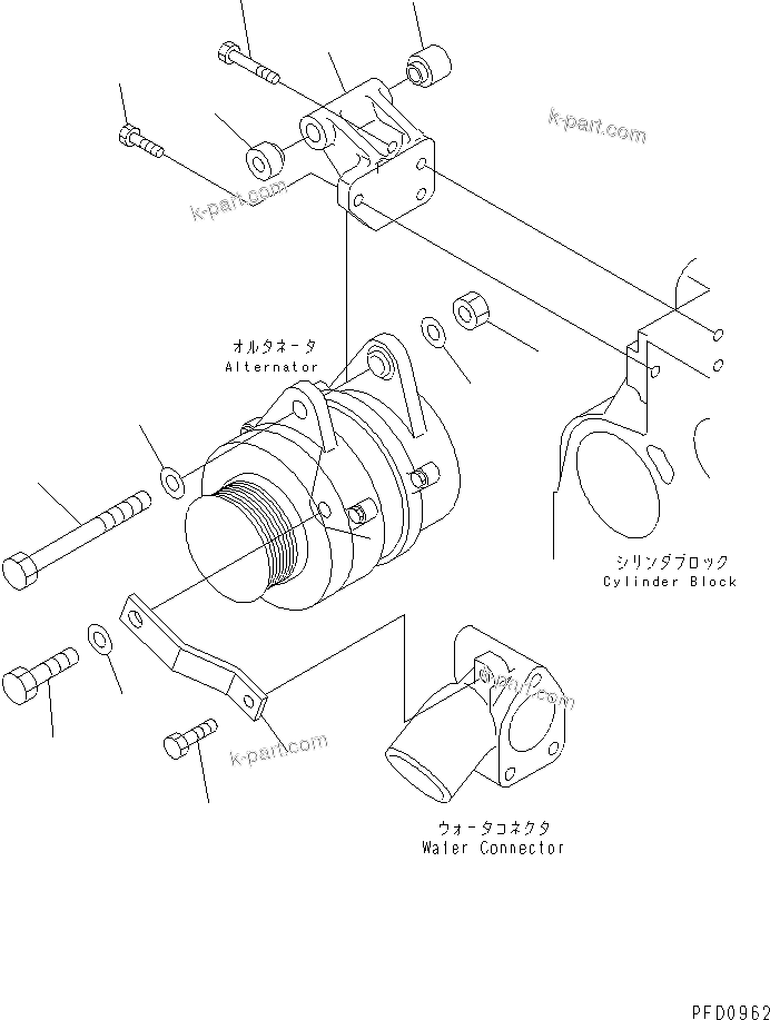 Komatsu parts book diagram for 4D102E-1A S/N 26200282-UP: ALTERNATOR SUPPORT (FOR 35A AND 50A ALTERNATOR)(#26200974-26238745)