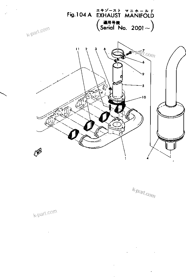 Komatsu parts book diagram for 4D115-1G S/N 101-UP: EXHAUST MANIFOLD(#2001-)