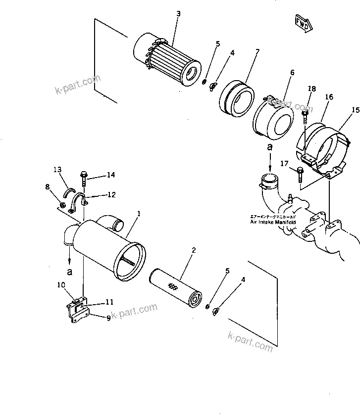 Komatsu parts book diagram for 4D84-2A S/N 00000-UP: AIR CLEANER AND MOUNTING (DOUBLE ELEMENT TYPE)(#00101-)