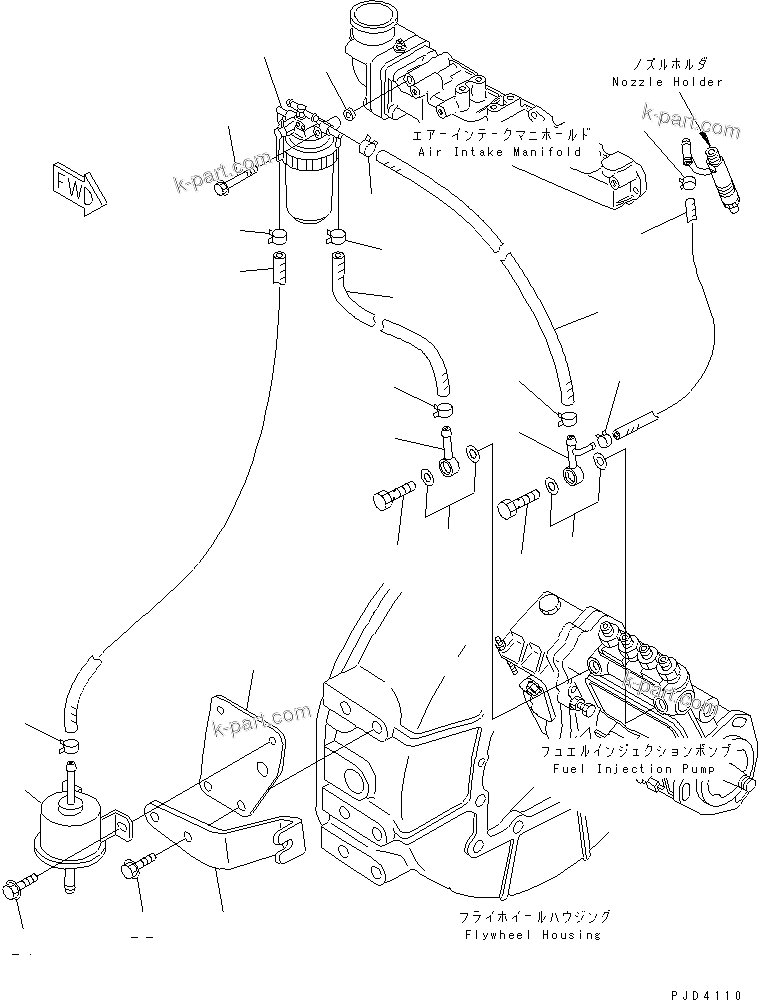 Komatsu parts book diagram for 4D84E-3E S/N 03508-UP: FUEL FILTER AND PIPING(#06291-)