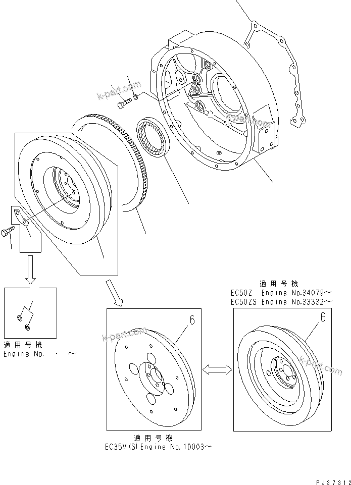 Komatsu parts book diagram for 4D94-2E S/N 10007-UP: FLYWHEEL AND FLYWHEEL HOUSING