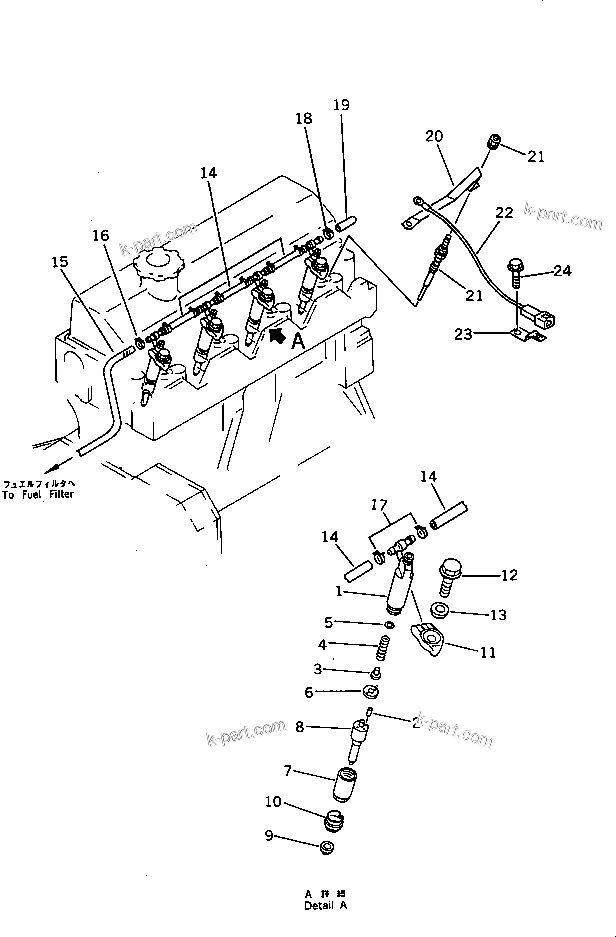 Komatsu parts book diagram for 4D95L-1BB S/N 49965-UP: FUEL NOZZLE AND SPILL PIPE