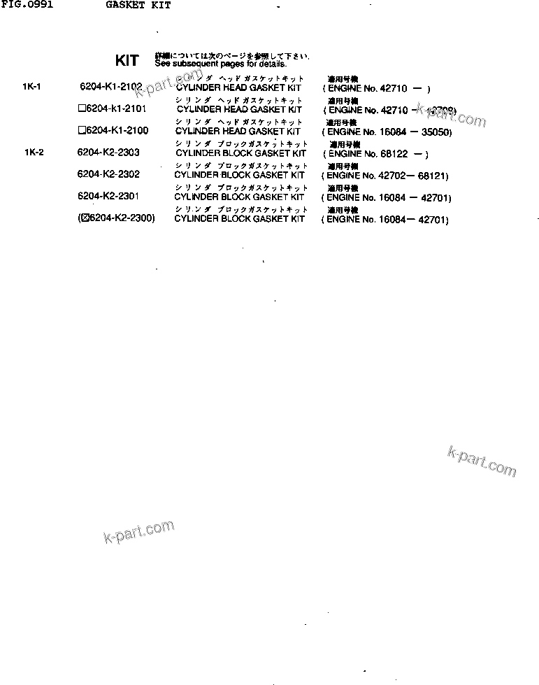 Komatsu parts book diagram for 4D95L-1G S/N 16084-UP: GASKET KIT