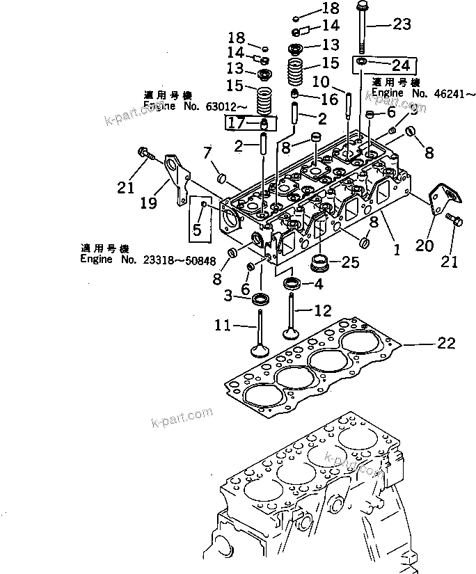 Komatsu parts book diagram for 4D95S-W-1F-P S/N 23318-UP: CYLINDER HEAD