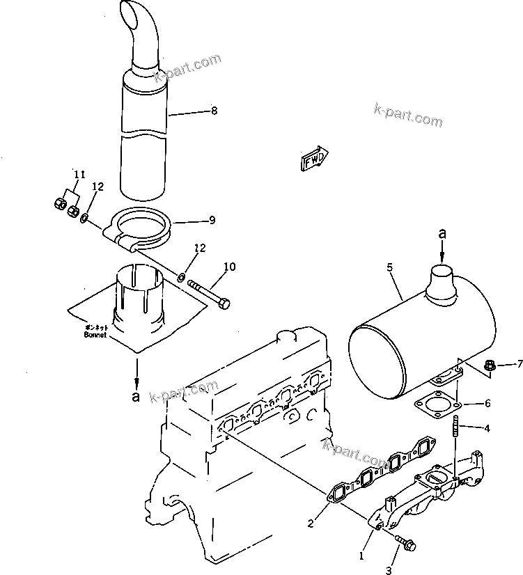 Komatsu parts book diagram for 4D95S-W-1F-P S/N 23318-UP: EXHAUST MANIFOLD AND MUFFLER