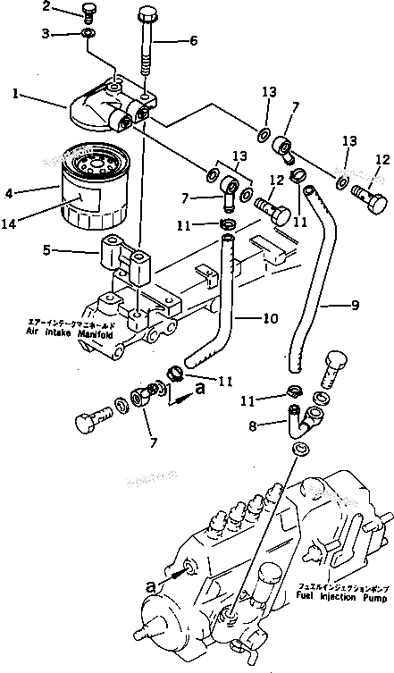 Komatsu parts book diagram for 4D95S-W-1F-P S/N 23318-UP: FUEL FILTER AND PIPING