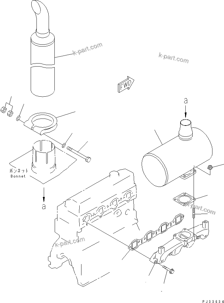 Komatsu parts book diagram for 4D95S-W-1F-Q S/N 23318-UP: EXHAUST MANIFOLD AND MUFFLER