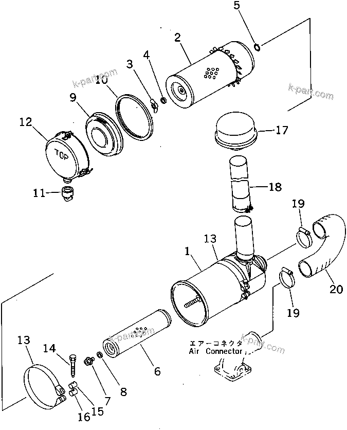 Komatsu parts book diagram for 6D95L-1AC-E S/N 96999-UP: AIR CLEANER (WITH EXTENSION)
