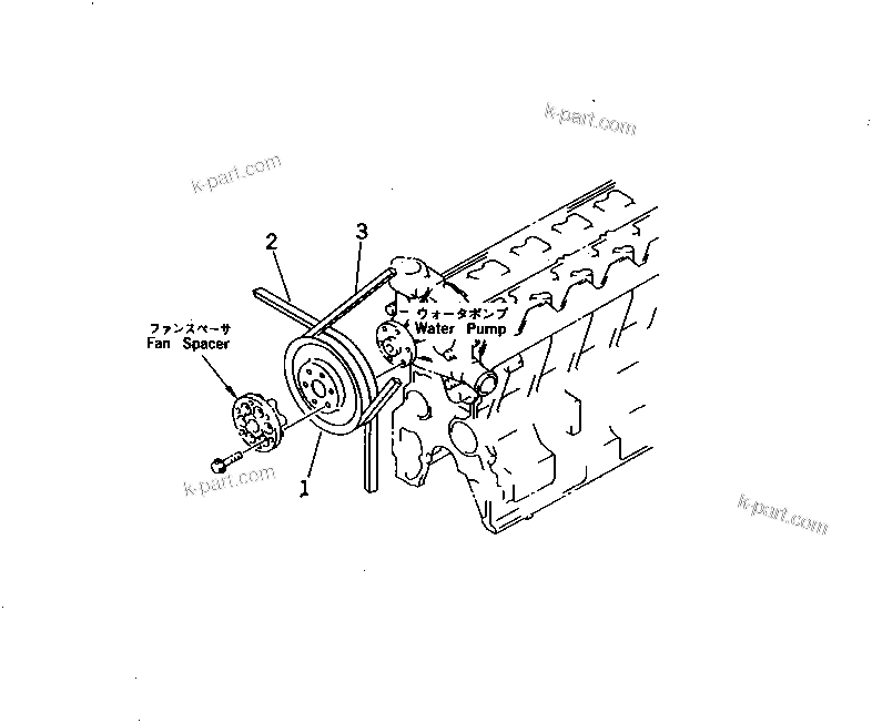 Komatsu parts book diagram for 6D95L-1AC-E S/N 96999-UP: WATER PUMP PULLEY (NON HARDENING PULLEY) (FOR 13A¤25A ALTERNATOR)(NOISE SUPPRESSION SPEC.)