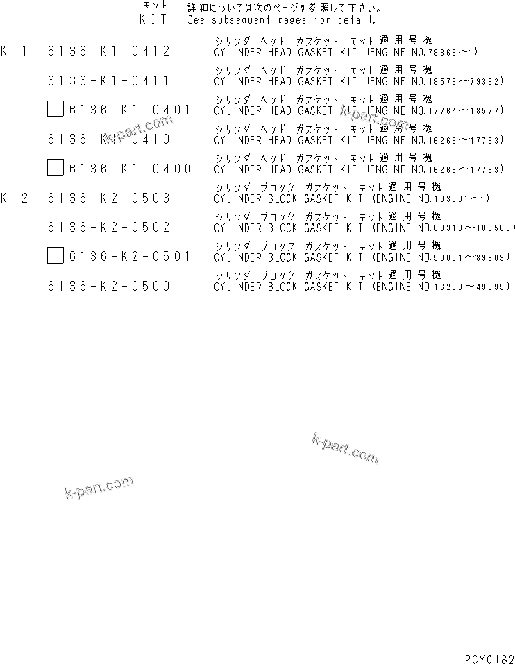 Komatsu parts book diagram for 6D105-1M-P S/N 15149-UP: GASKET KIT