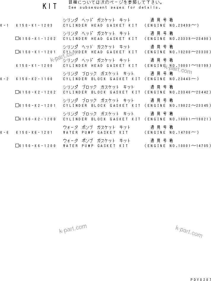 Komatsu parts book diagram for 6D125-1D S/N 10001-UP: GASKET KIT