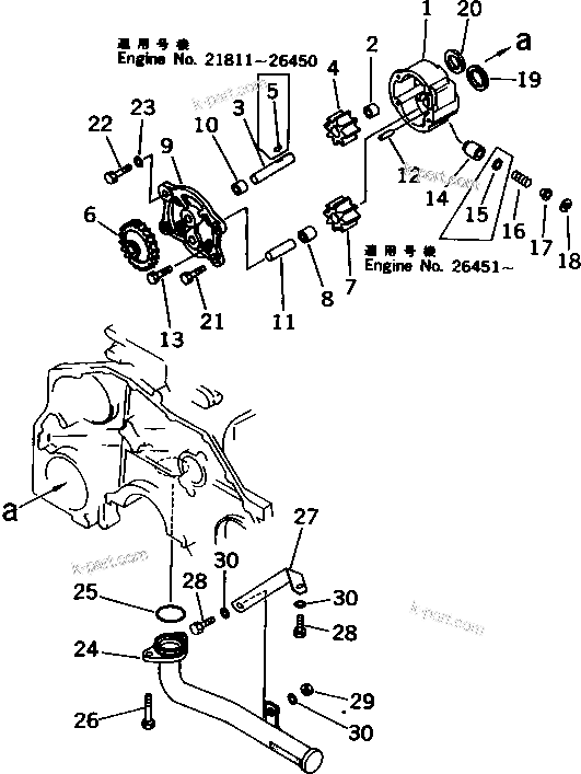 Komatsu parts book diagram for 6D125-1EE S/N 21811-UP: LUBRICATING OIL PUMP AND SUCTION PIPE