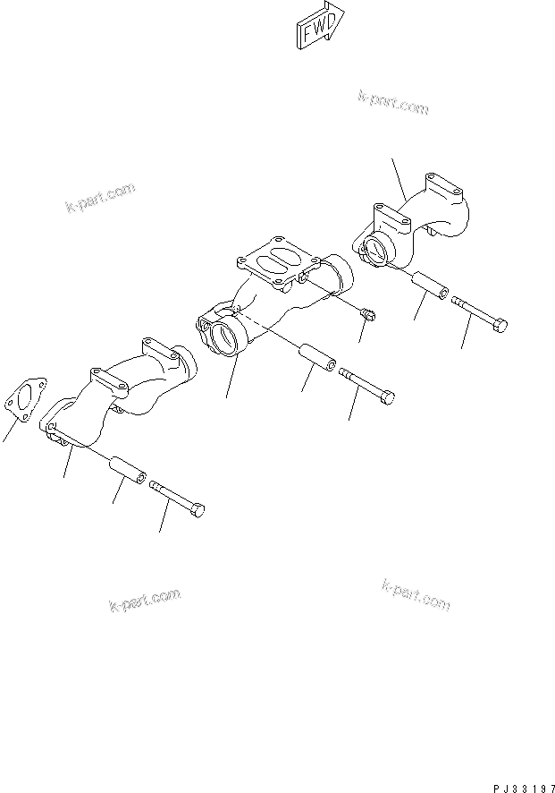 Komatsu parts book diagram for 6D125-1W S/N 10001-UP: EXHAUST MANIFOLD AND MOUNTING